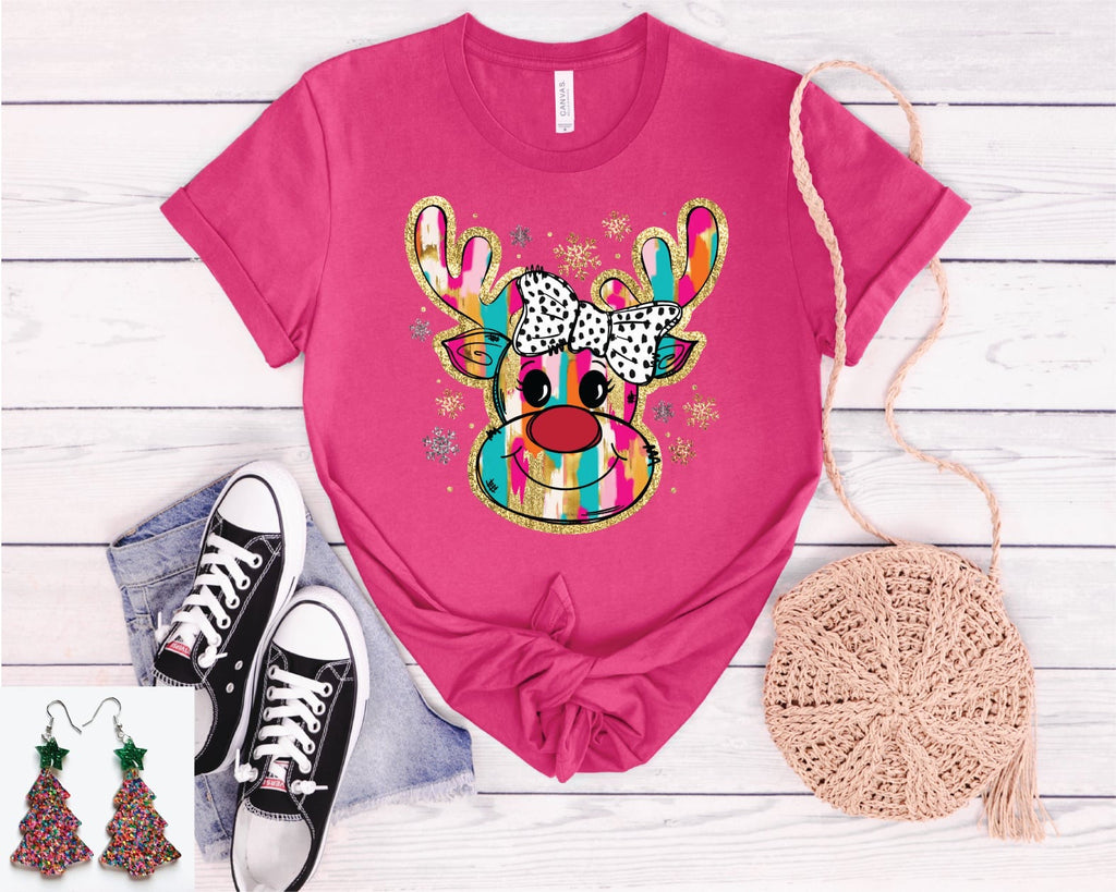 Colorful Glitter Reindeer- Tee