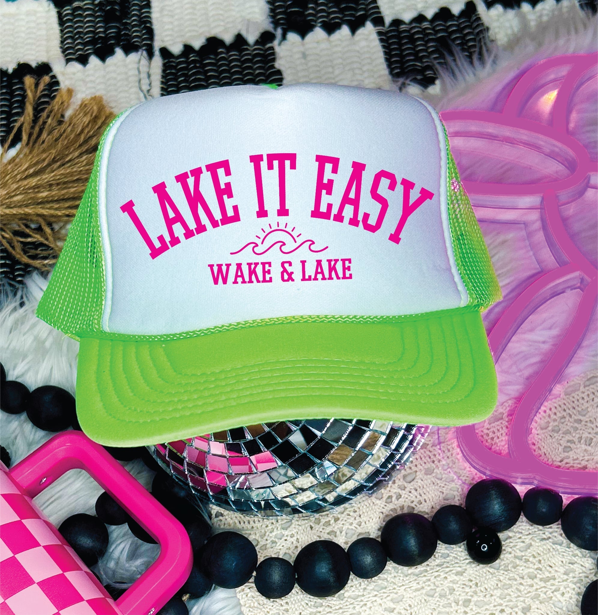 Lake It Easy DTF Printed Neon Green & White Trucker Hat