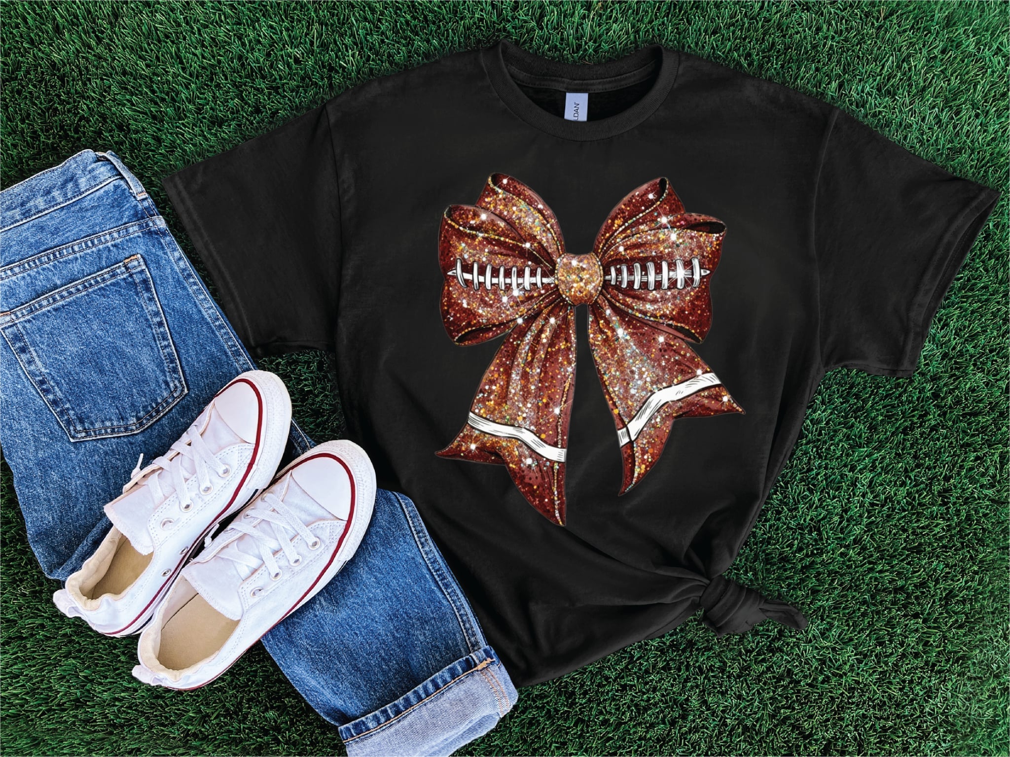 Faux Glitter Football Bow Graphic T-Shirt