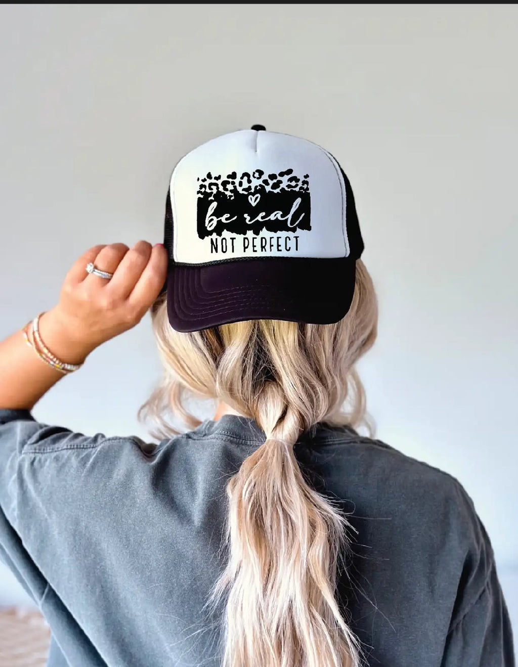 Be Real Not Perfect DTF Printed Black Foam Trucker Hat