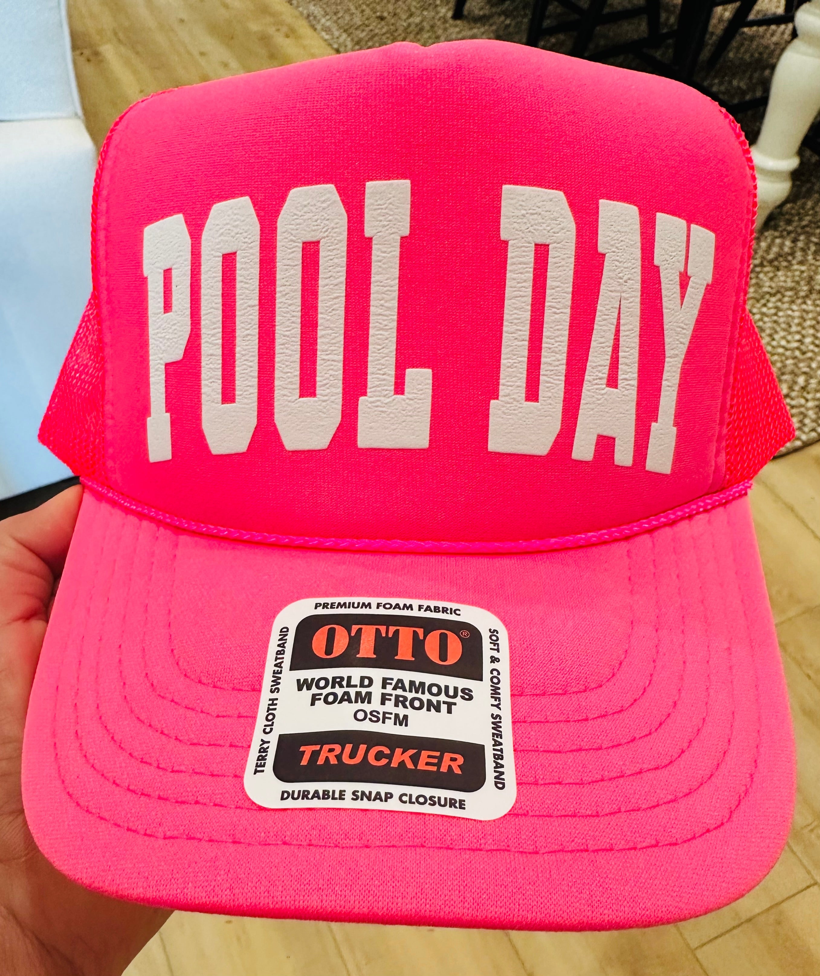 Pool Day with Puff White Vinyl on Neon Pink Foam Trucker Hat