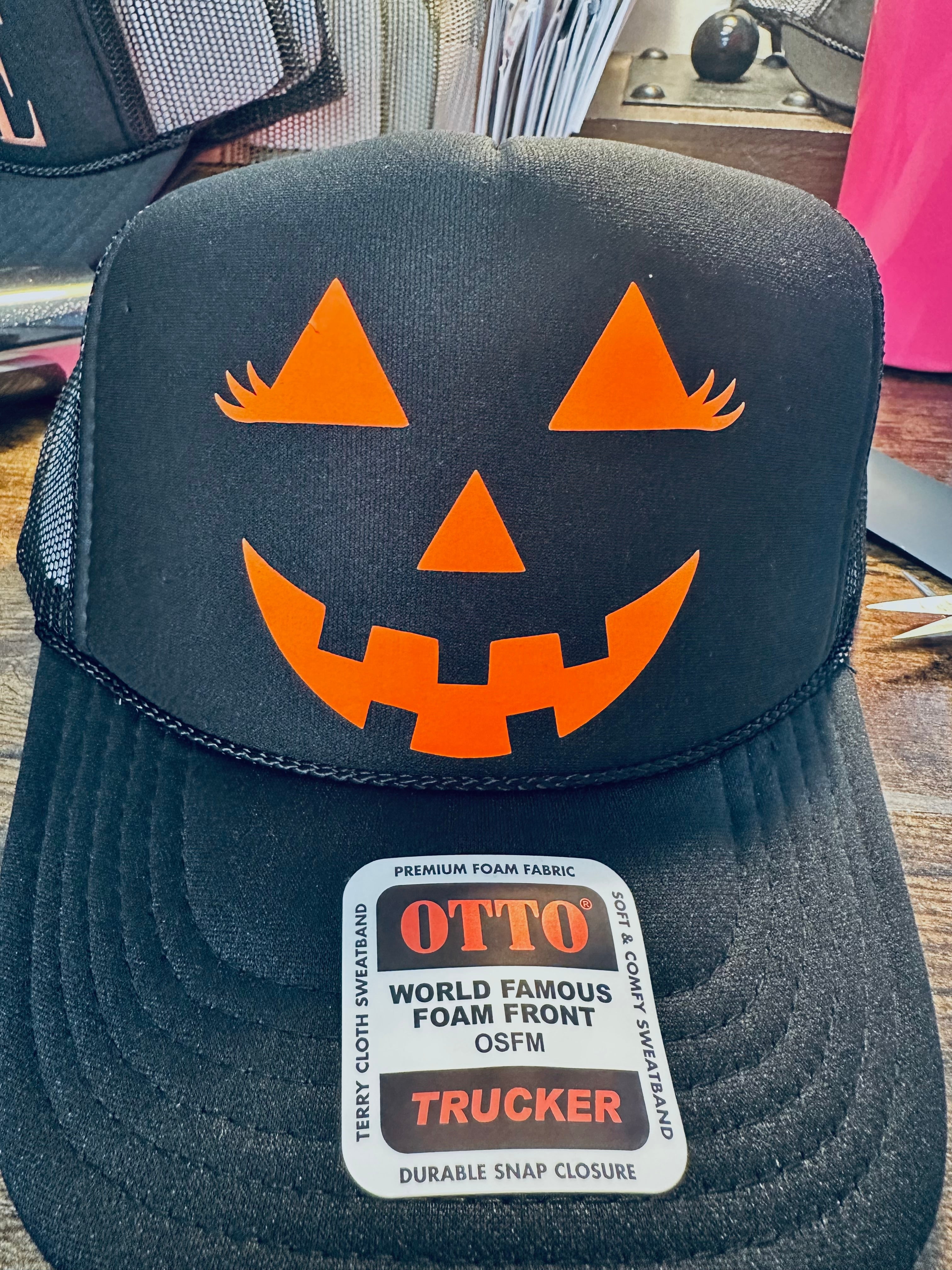 3D Neon Orange Vinyl Jack o Lantern Face on Black Foam Trucker Hat