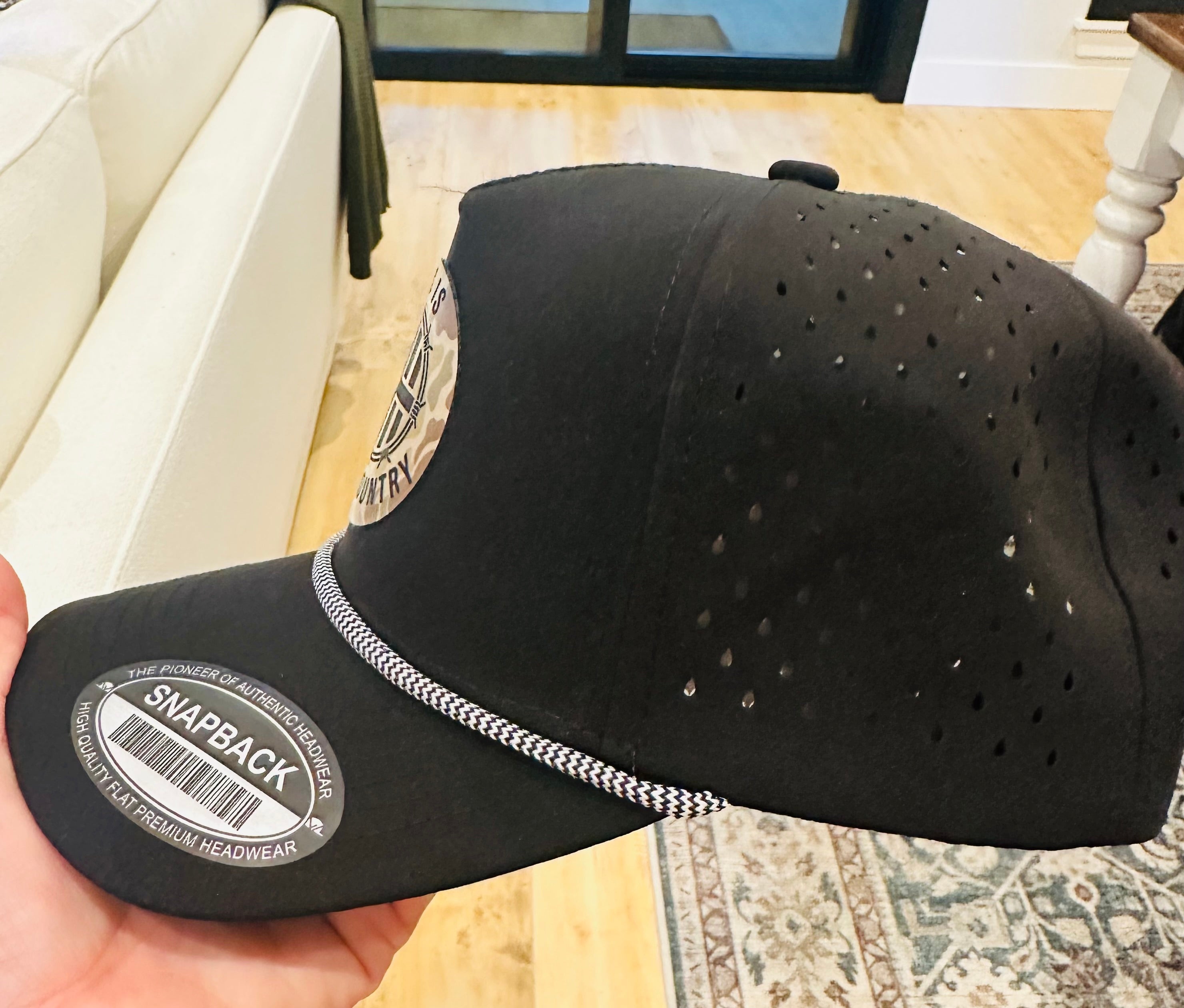 Over Par and Under The Influence Golf ball textered leather hat patch on Black Performance Rope Hat