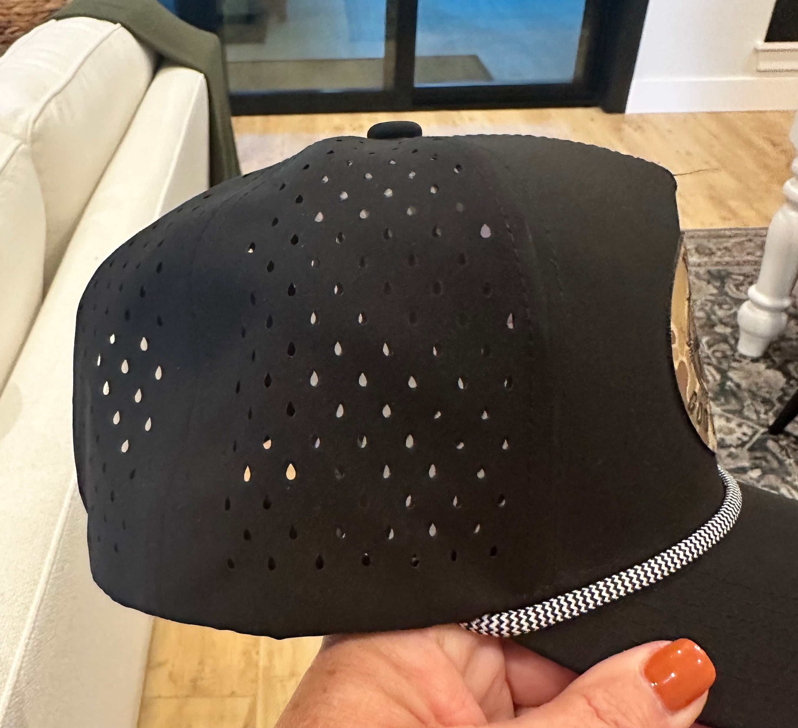 Over Par and Under The Influence Golf ball textered leather hat patch on Black Performance Rope Hat