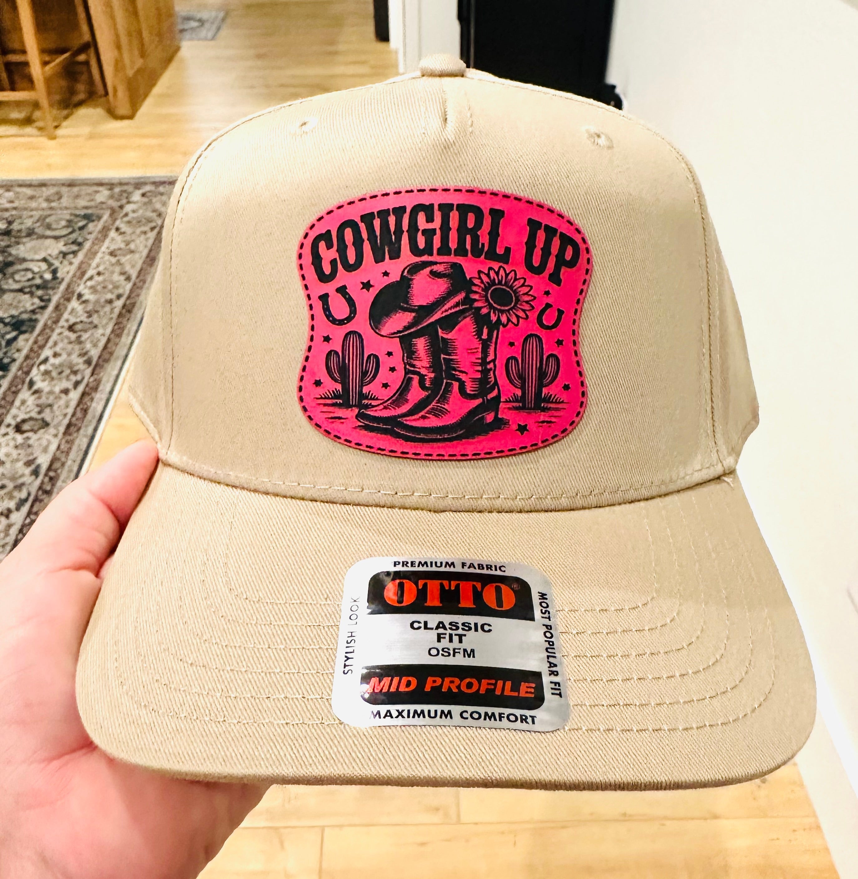 COWGIRL UP Pink Leather Patch on Otto KHAKI TRUCKER HAT
