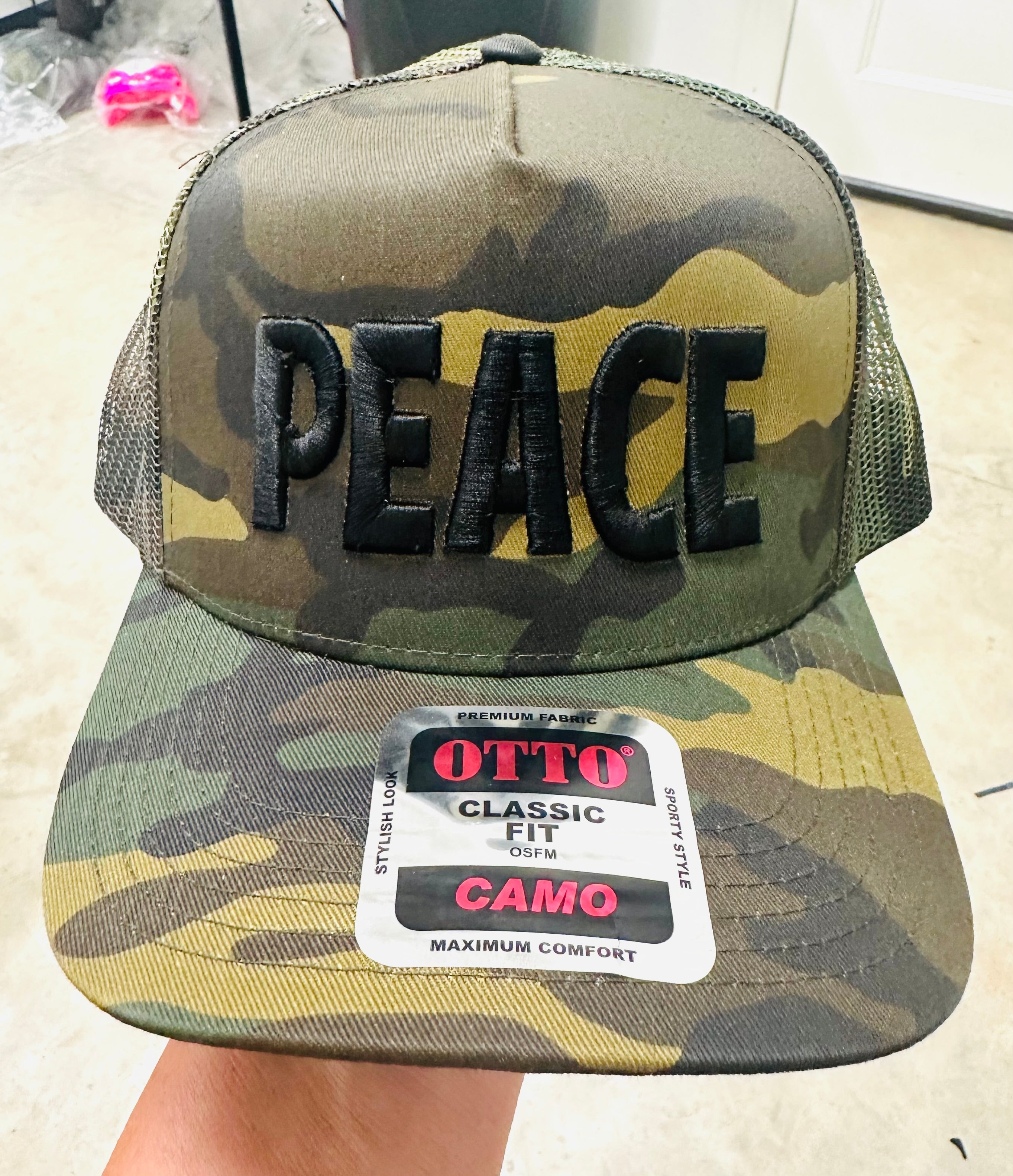 PEACE ON A TWILL CAMO HAT