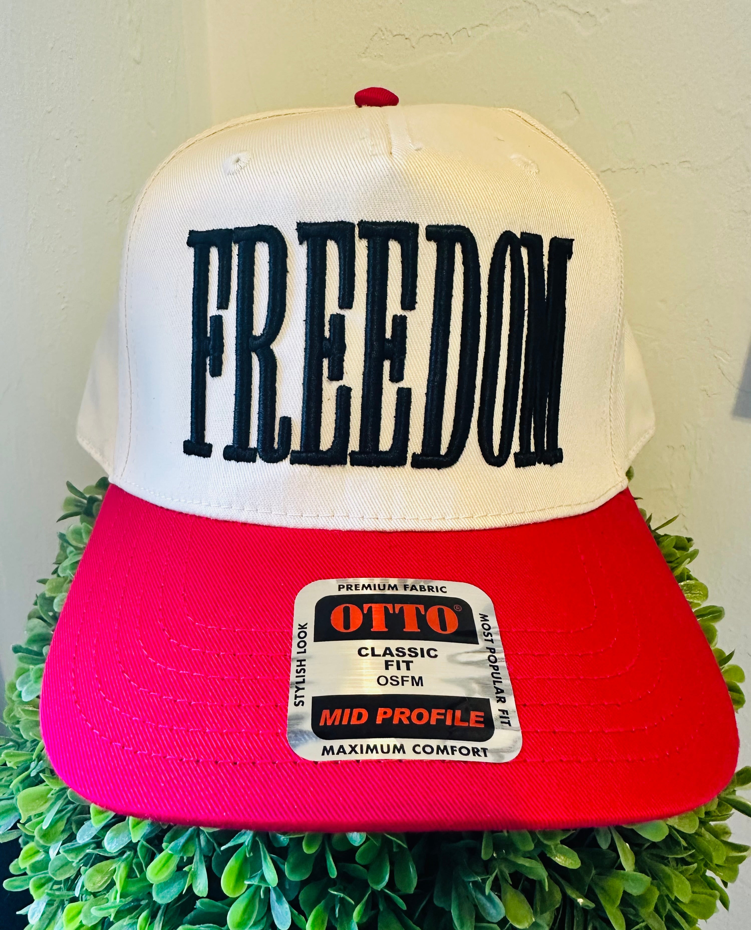 FREEDOM BLACK PUFF EMBROIDERY ON A NATURAL AND RED HAT