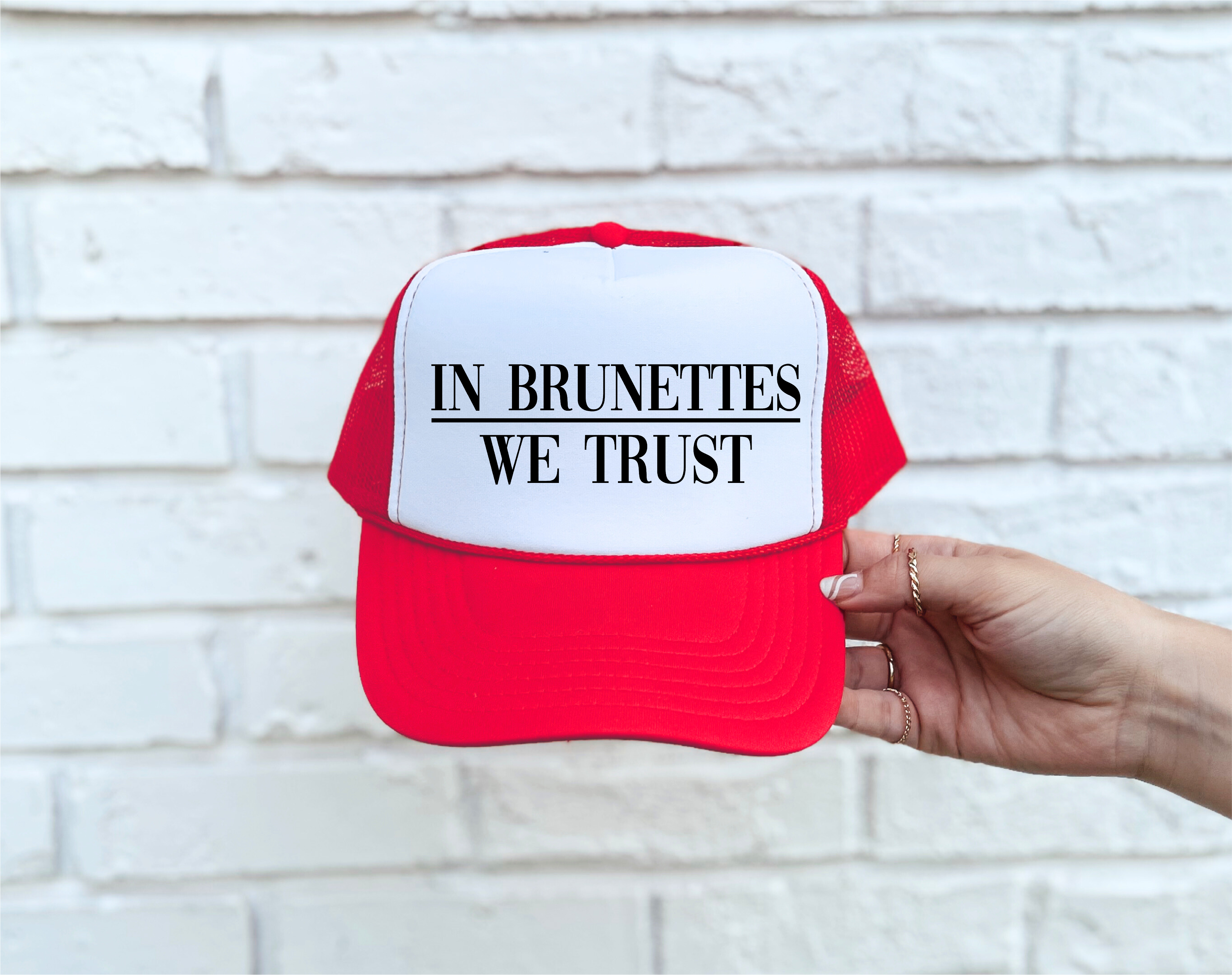 In Brunettes We Trust DTF Printed Red & White Trucker Hat - S. M. & Co. Shirts & Tops