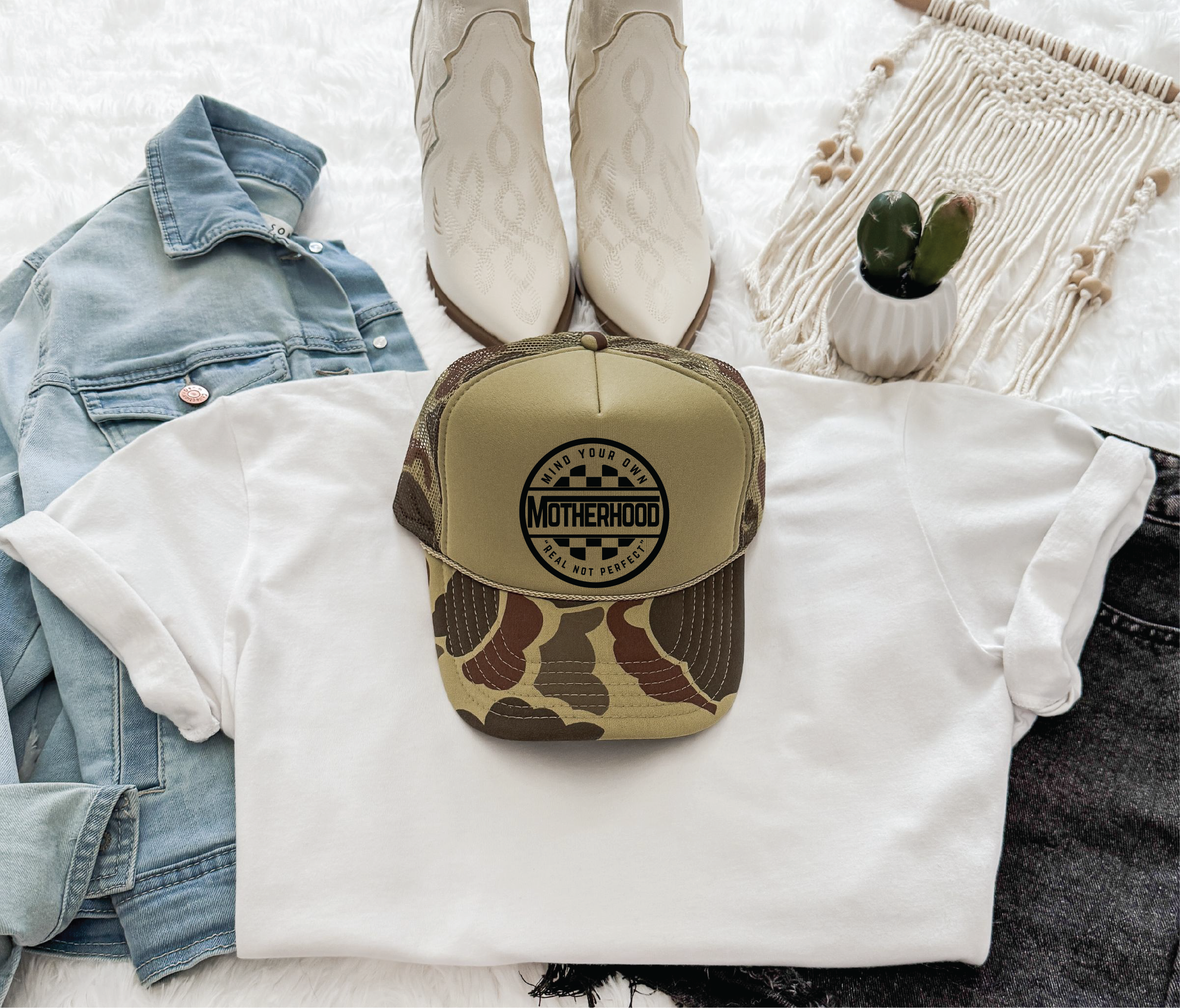 Mind Your Own Motherhood DTF printed on Camo and Olive Foam Trucker Hat