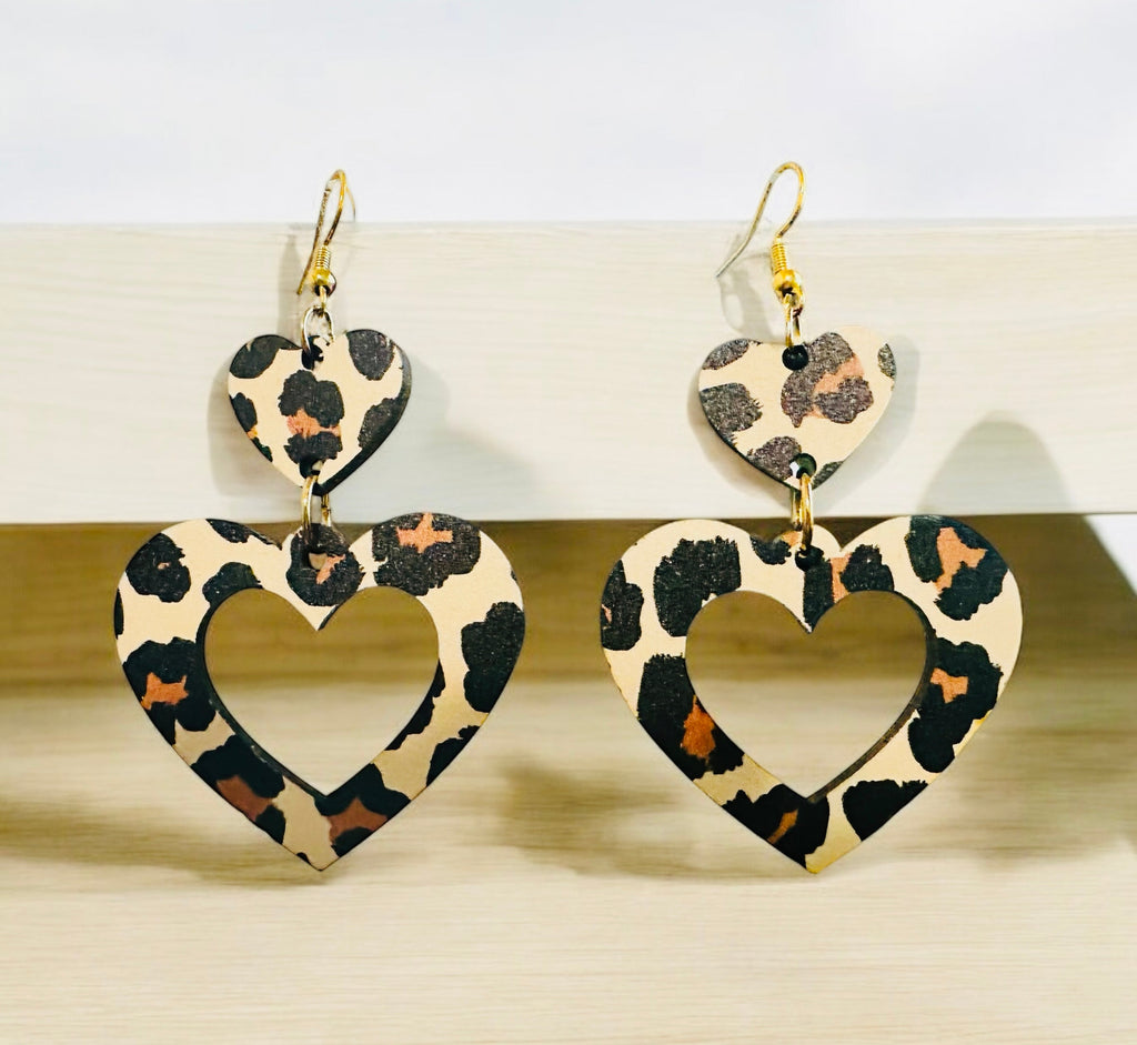 Leopard Wood Heart Dangles