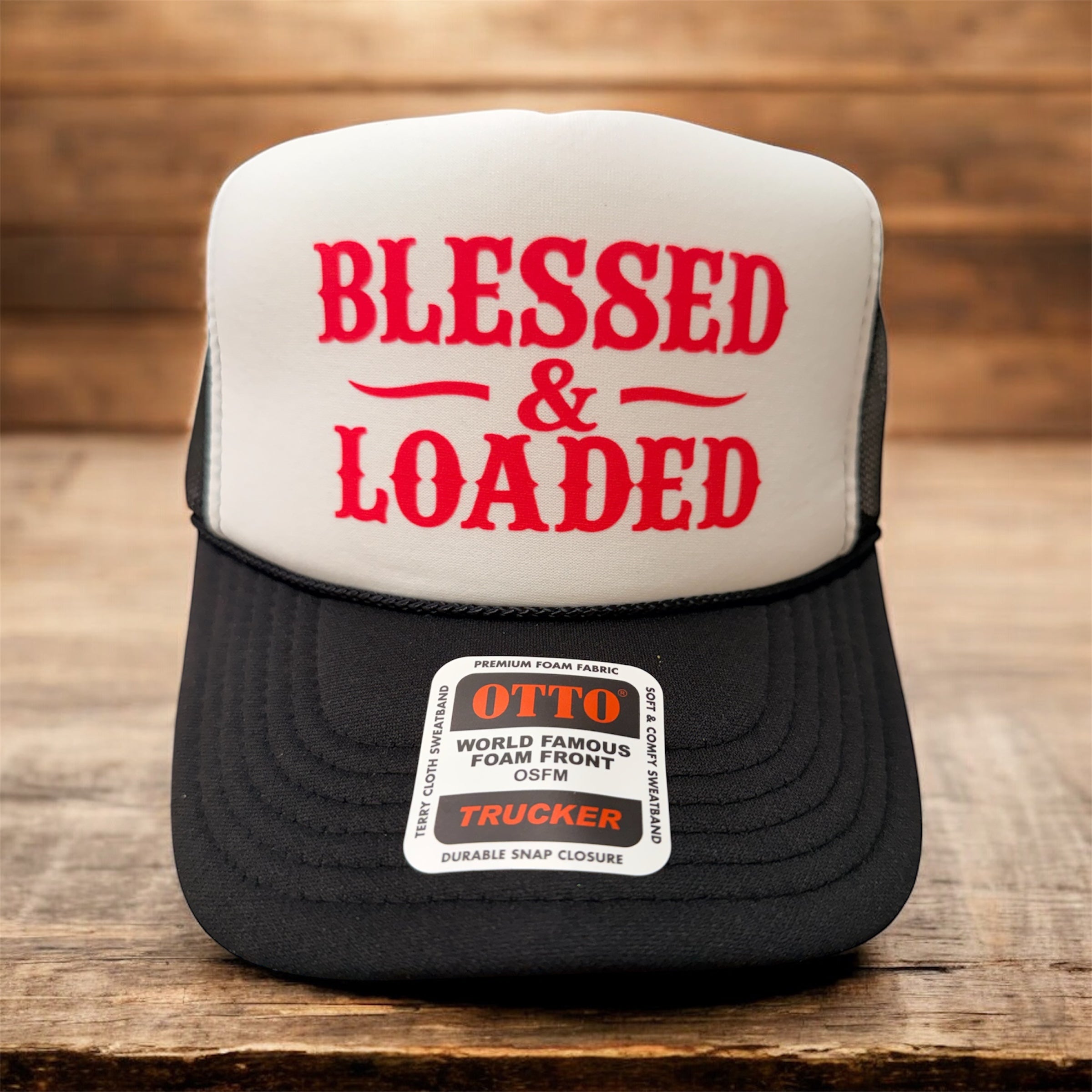 BLESSED AND LOADED- UNISEX BLACK AND WHITE Trucker Hat
