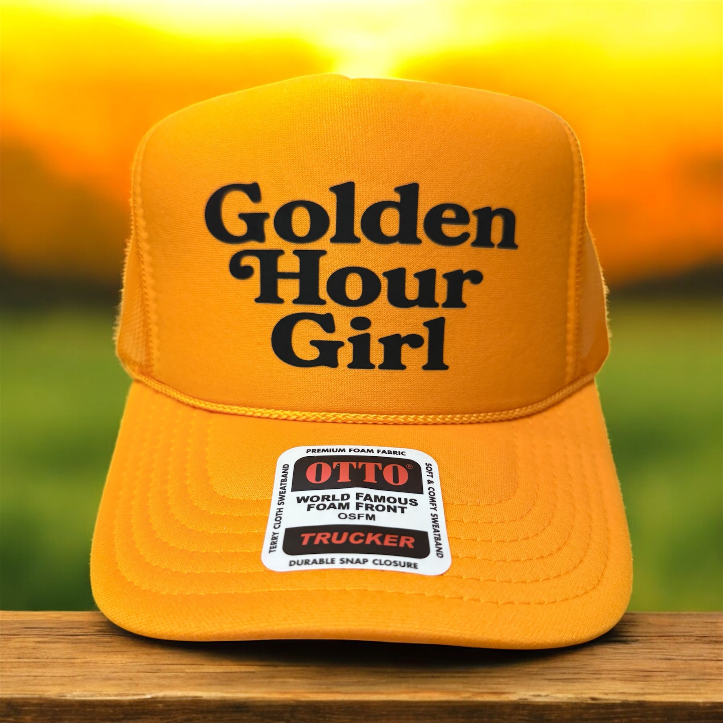 GOLDEN HOUR GIRL DTF Printed Gold Trucker Hat