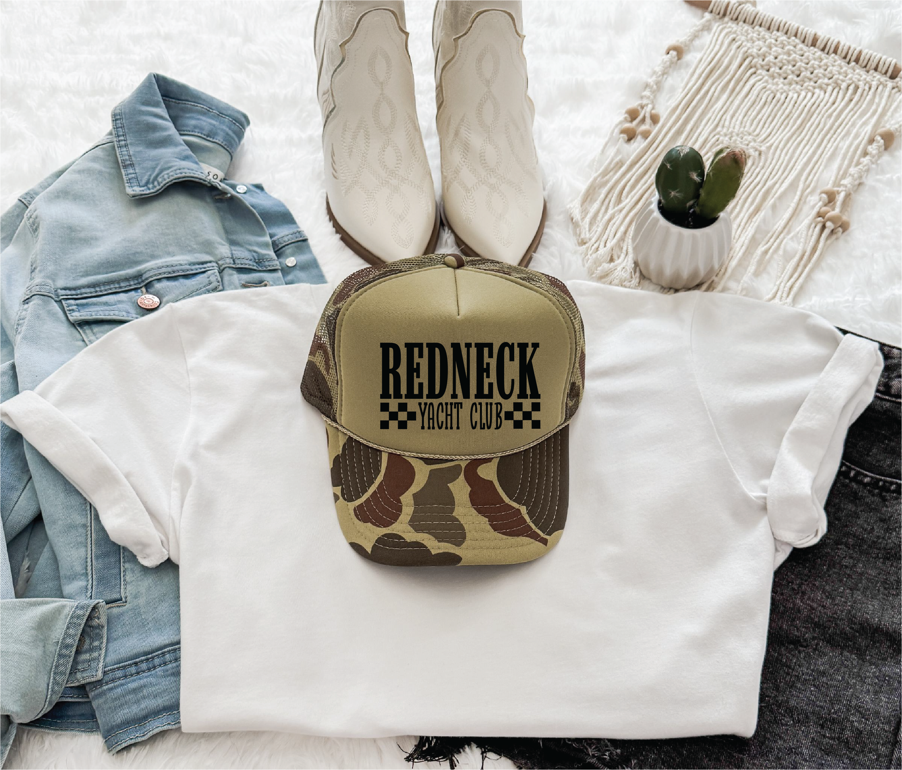 Redneck Yacht Club dtf printed on camo and Olive Foam Trucker Hat