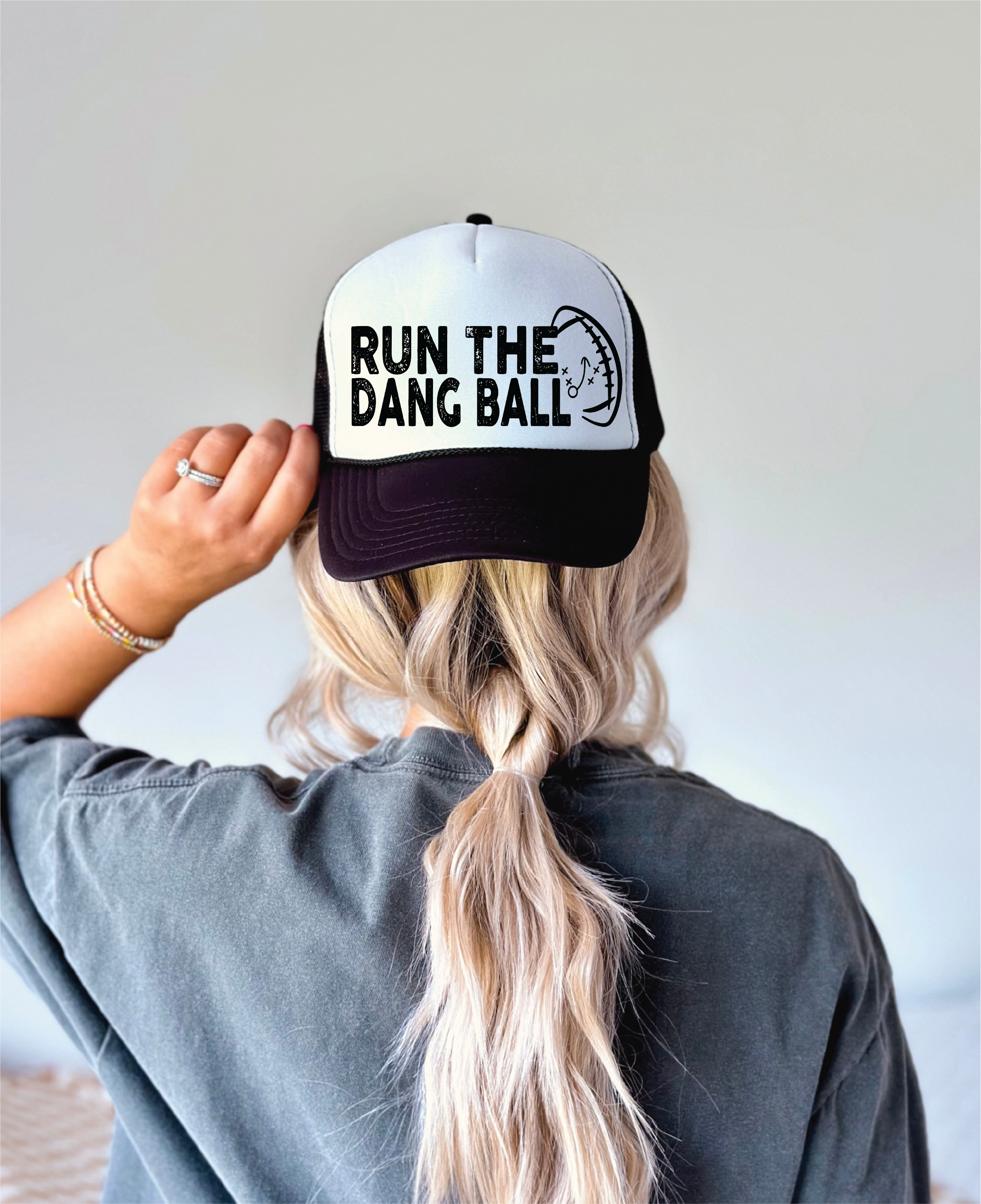 Run The Dang Ball Football DTF Printed Black And White Trucker Hat