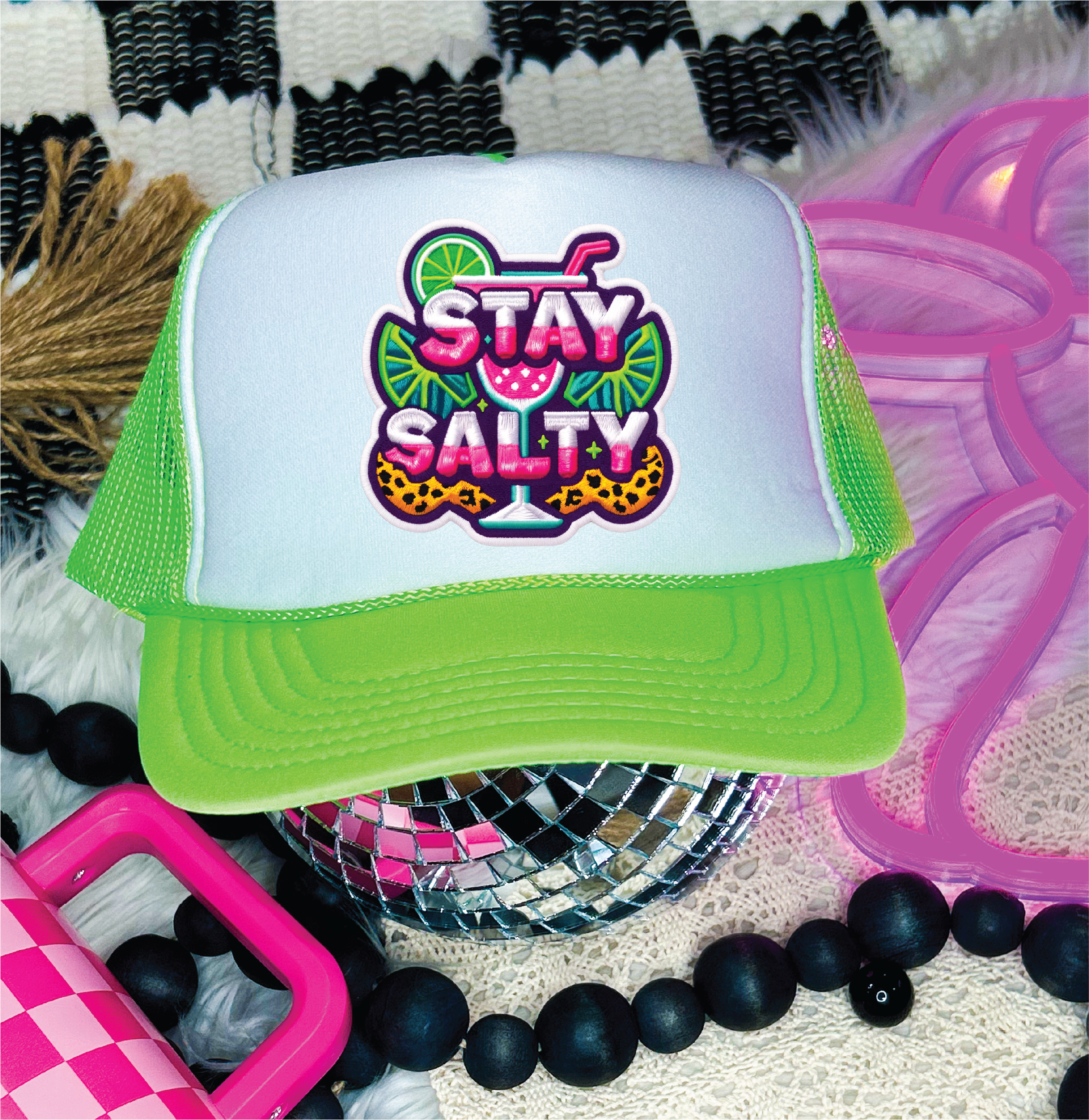 Stay Salty DTF Printed Neon Green & White Trucker Hat