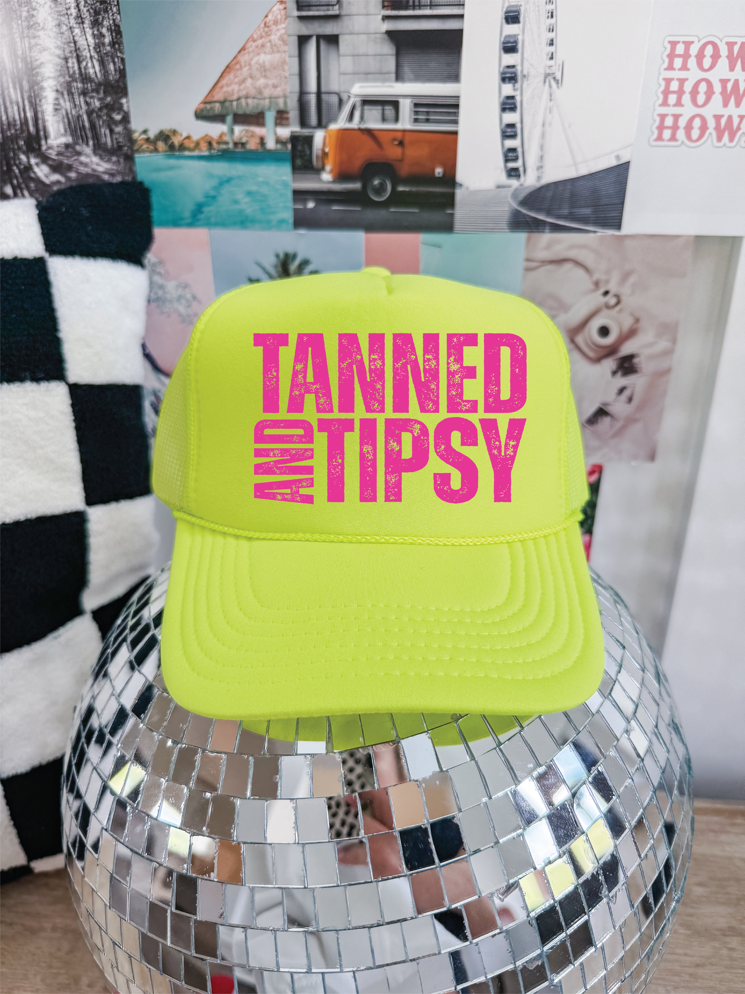 Tanned and Tipsy DTF Printed Neon Yellow Trucker Hat