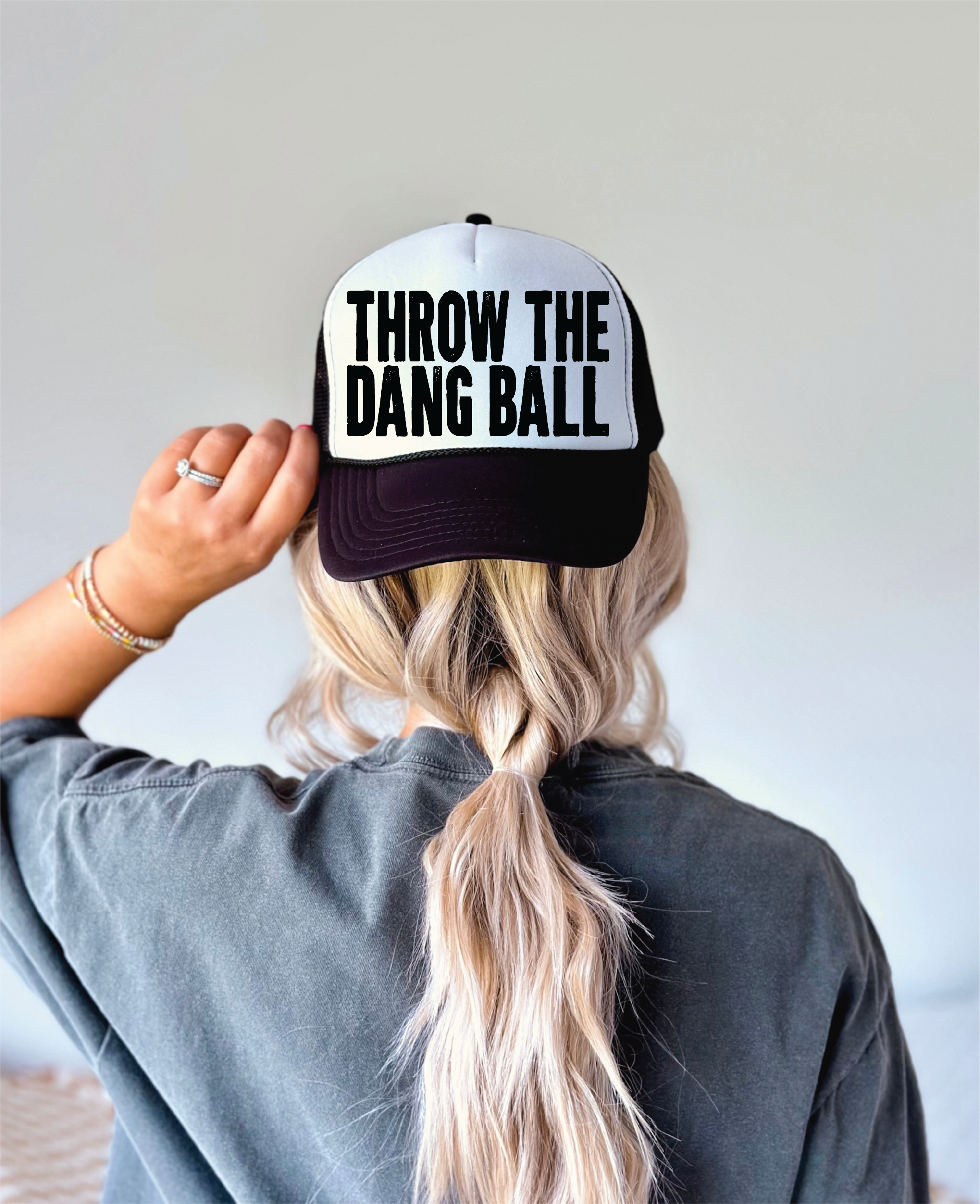 Throw The Dang Ball Football DTF Printed Black And White Trucker Hat