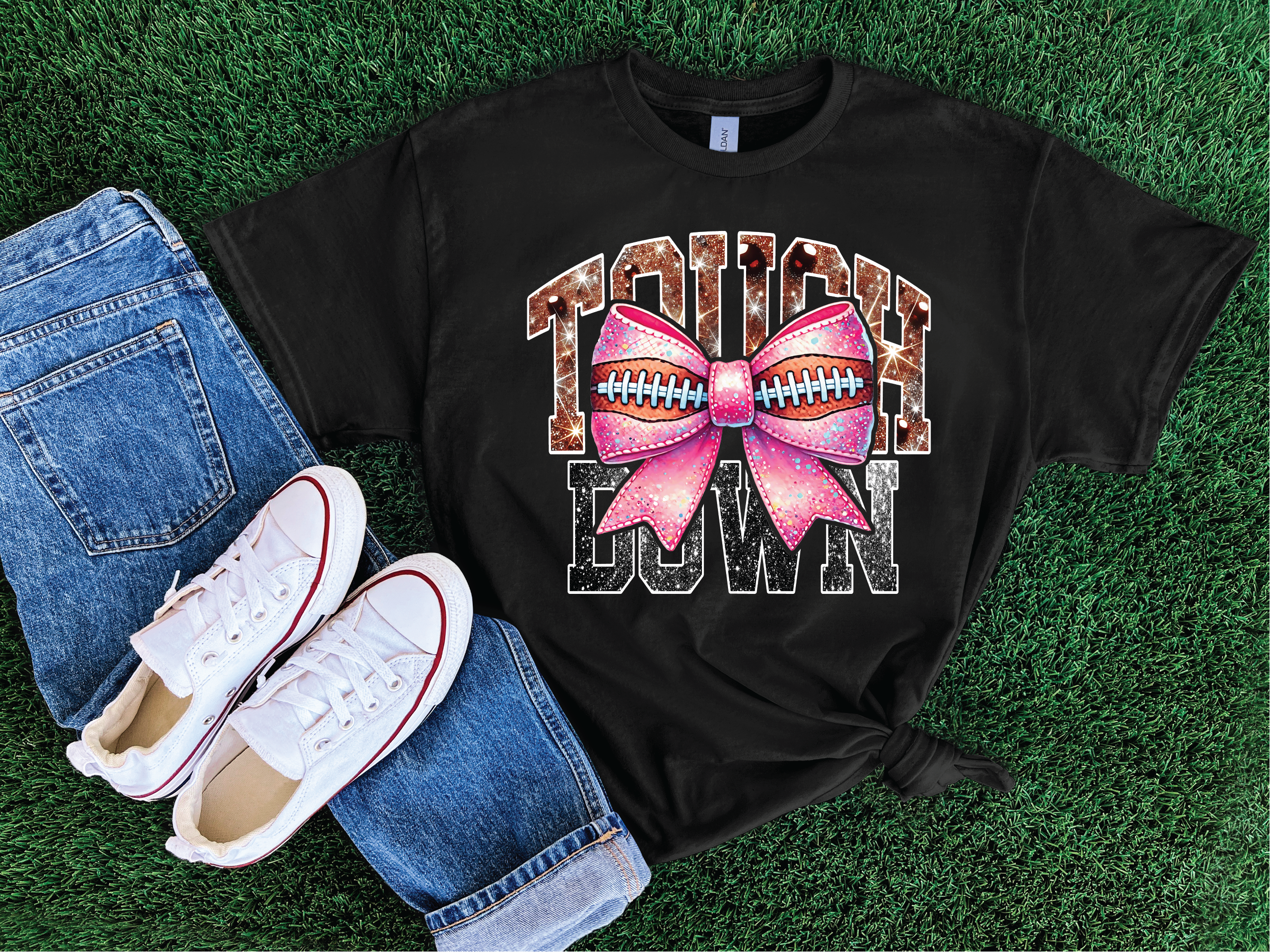 Touchdown Faux Glitter Bow- Football Graphic T-shirt