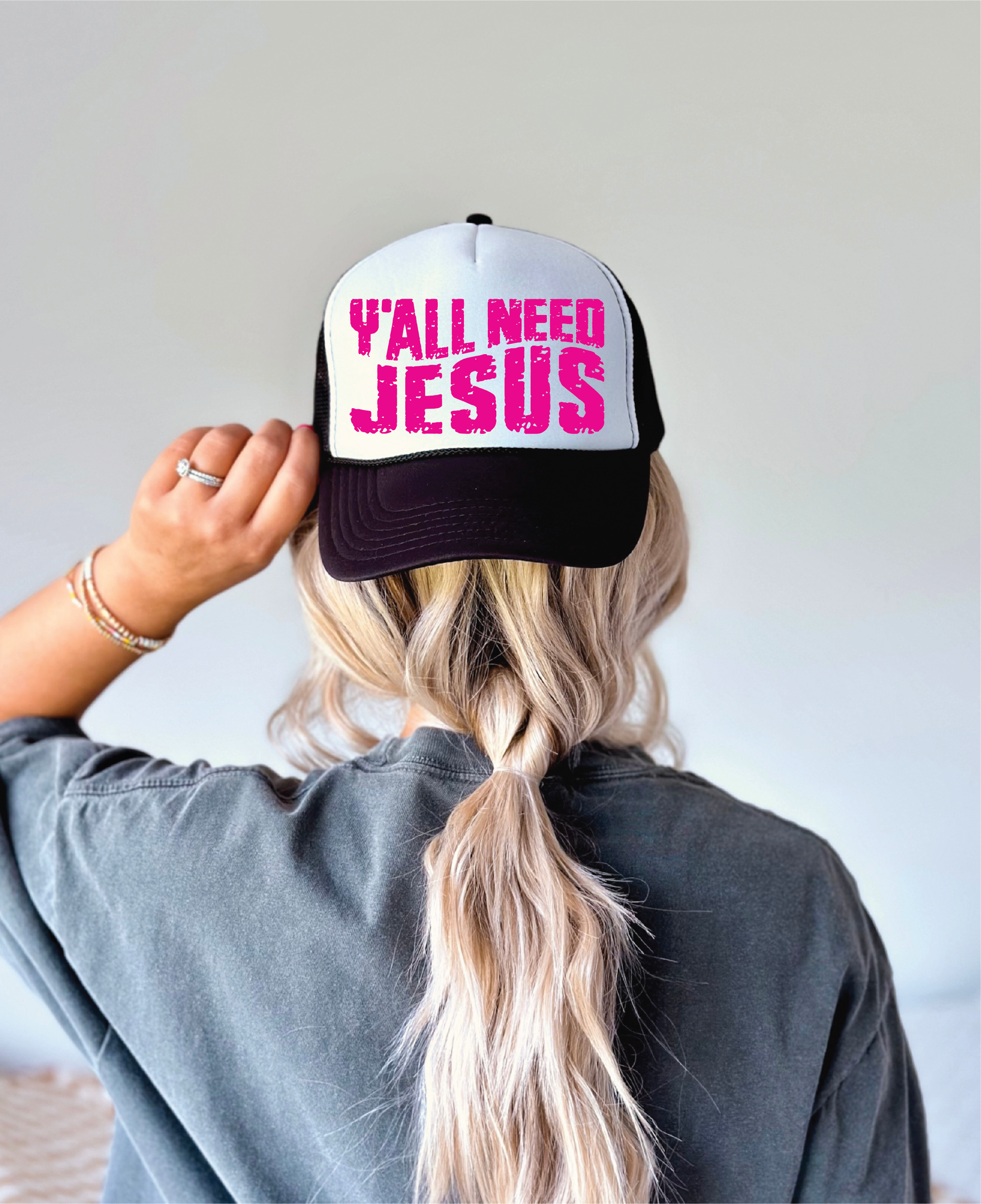 Ya'll Need Jesus DTF Printed Black and White Trucker Hat
