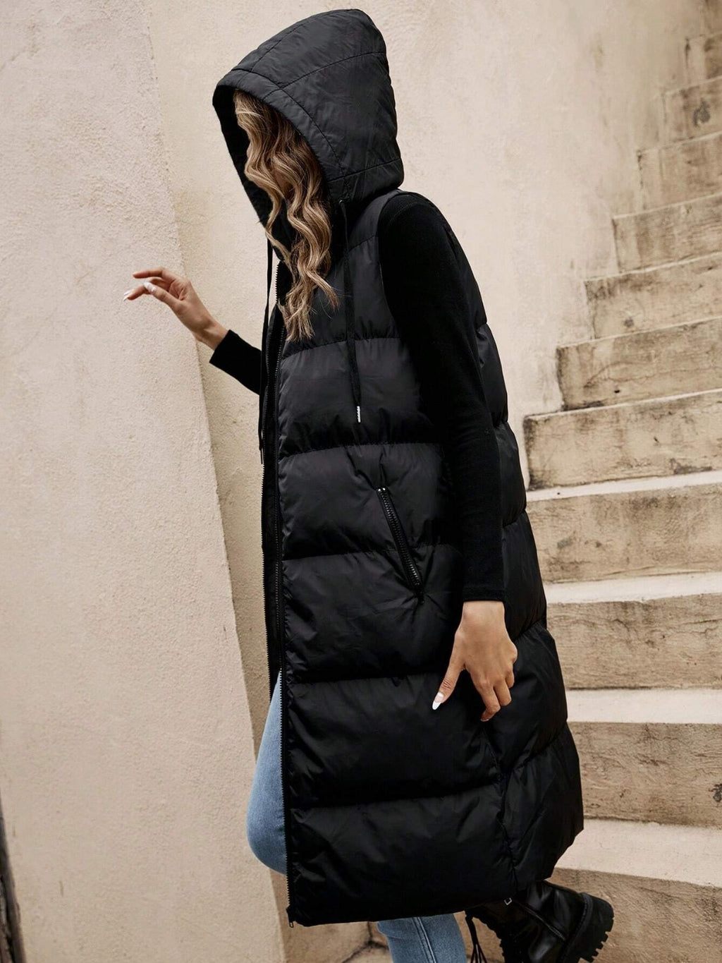 Drawstring Zip Up Hooded Longline Vest Coat