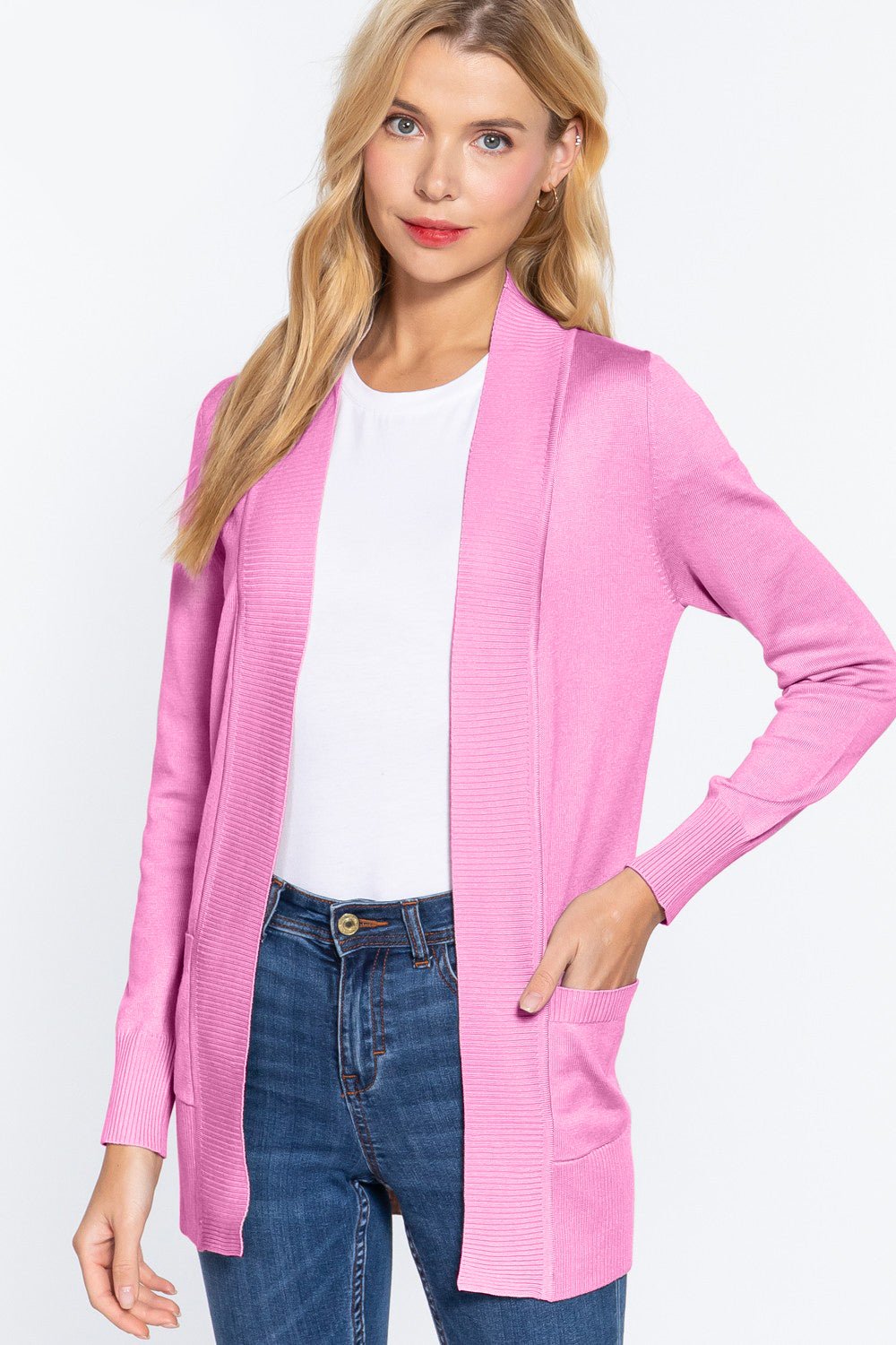 ACTIVE BASIC Ribbed Trim Open Front Cardigan - S. M. & Co.