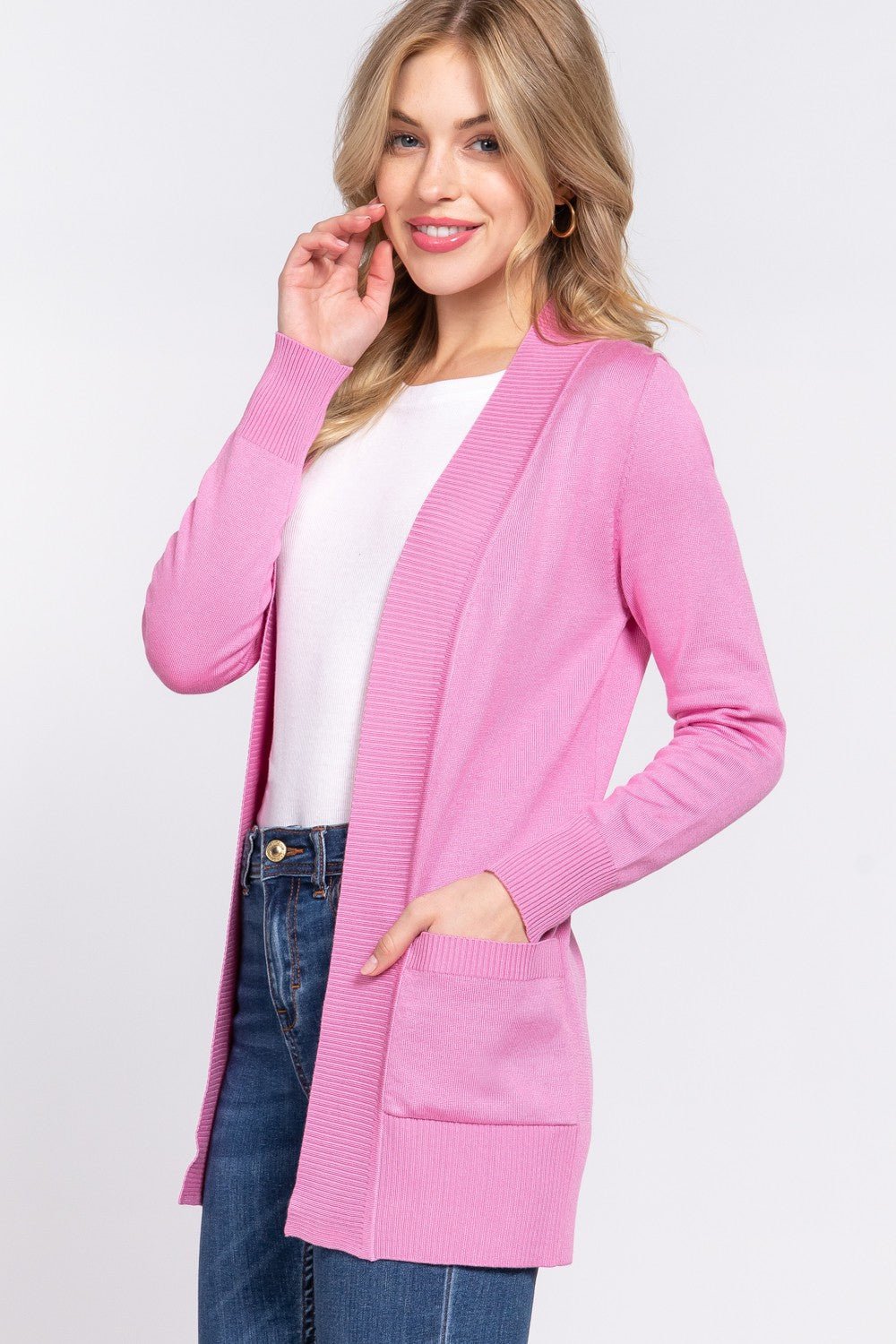 ACTIVE BASIC Ribbed Trim Open Front Cardigan - S. M. & Co.