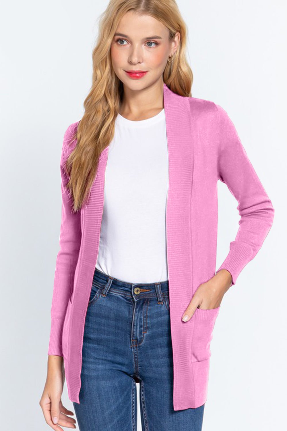 ACTIVE BASIC Ribbed Trim Open Front Cardigan - S. M. & Co.