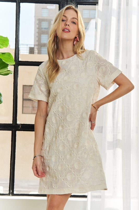 ADORA Applique Round Neck Short Sleeve Shift Dress - S. M. & Co.