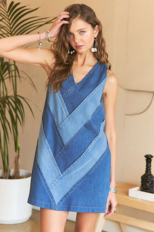 ADORA Chevron Color Block V - Neck Denim Dress - S. M. & Co.