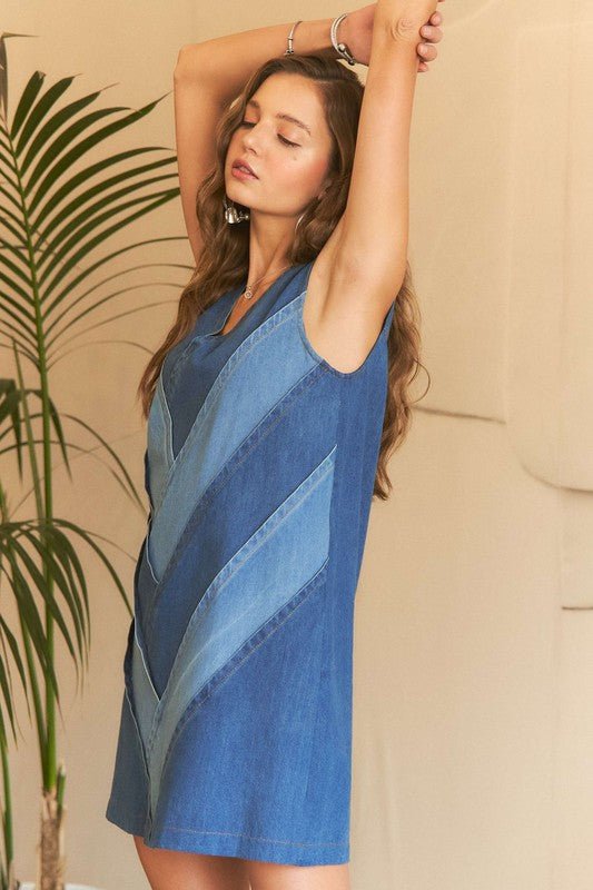 ADORA Chevron Color Block V - Neck Denim Dress - S. M. & Co.