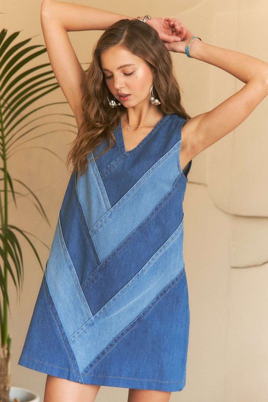 ADORA Chevron Color Block V - Neck Denim Dress - S. M. & Co.