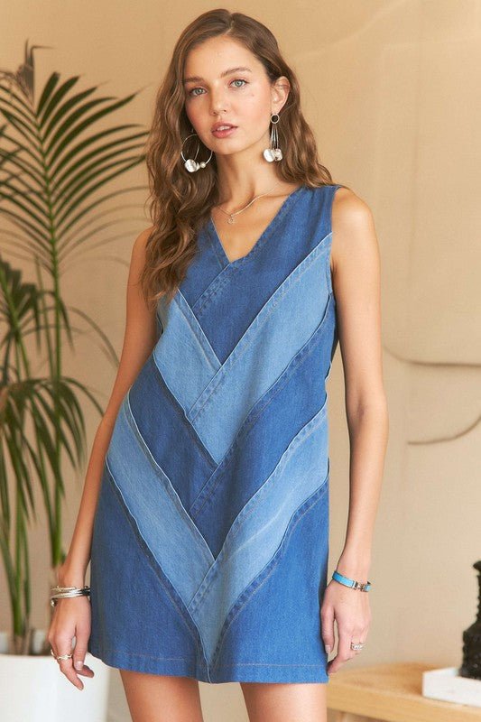 ADORA Chevron Color Block V - Neck Denim Dress - S. M. & Co.