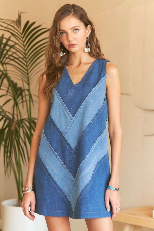 ADORA Chevron Color Block V - Neck Denim Dress - S. M. & Co.