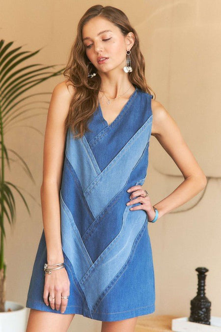 ADORA Chevron Color Block V - Neck Denim Dress - S. M. & Co.