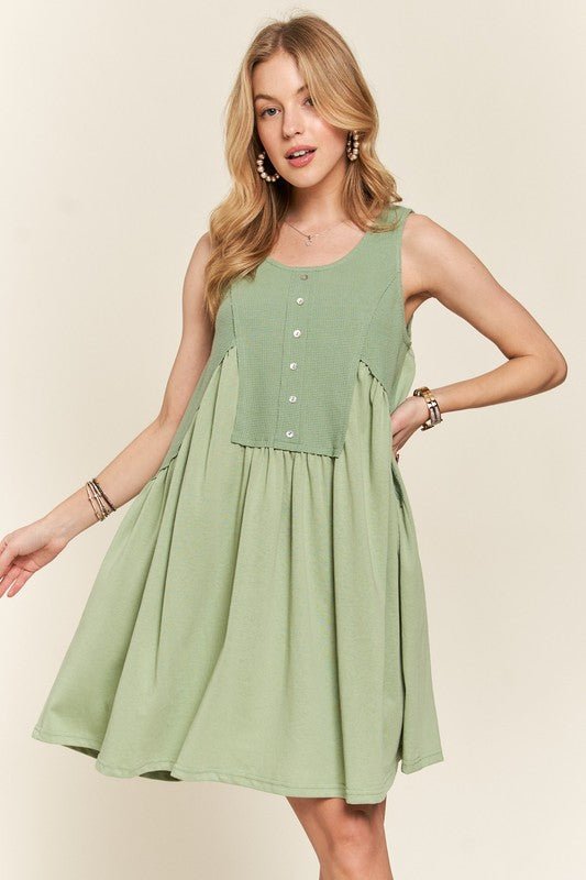 ADORA Decorative Button Sleeveless Babydoll Dress - S. M. & Co.