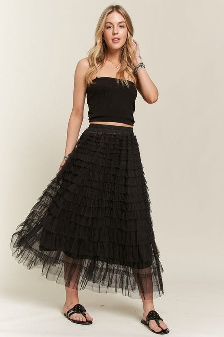 ADORA Elastic Waist Layered Mesh Midi Skirt - S. M. & Co.