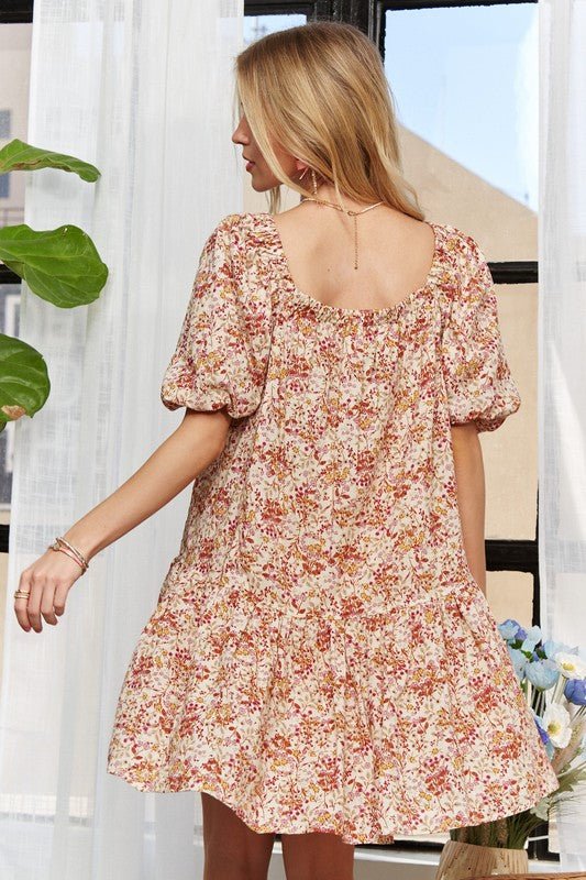 ADORA Floral Square Neck Puff Sleeve Dress - S. M. & Co.