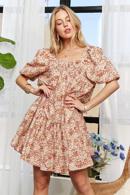 ADORA Floral Square Neck Puff Sleeve Dress - S. M. & Co.