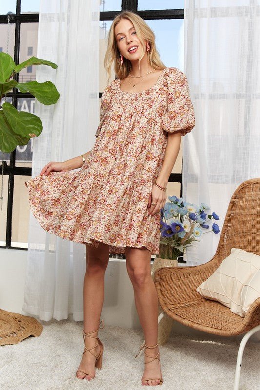 ADORA Floral Square Neck Puff Sleeve Dress - S. M. & Co.