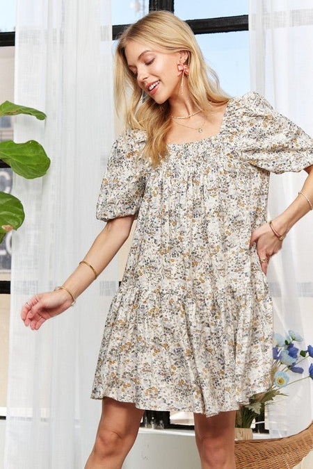 ADORA Floral Square Neck Puff Sleeve Dress - S. M. & Co.