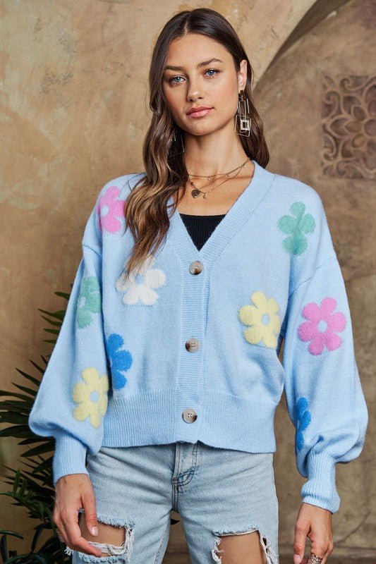 ADORA Flower Button Down Lantern Sleeve Cardigan - S. M. & Co.