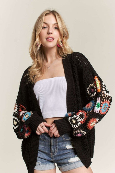 ADORA Full Size Contrast Crochet Open Front Long Sleeve Cardigan Plus Size - S. M. & Co.