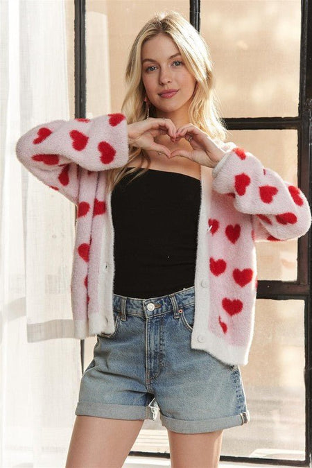 ADORA Fuzzy Heart Button Down Cardigan - S. M. & Co.