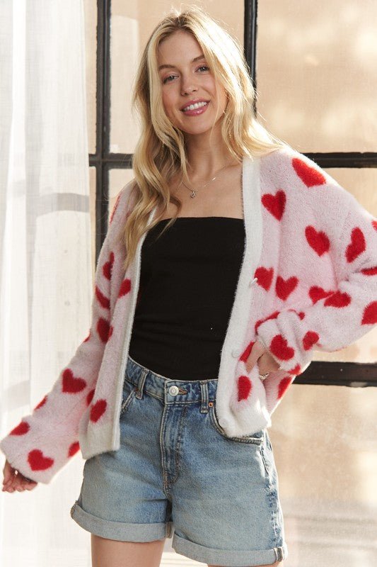 ADORA Fuzzy Heart Button Down Cardigan - S. M. & Co.