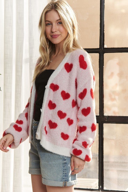 ADORA Fuzzy Heart Button Down Cardigan - S. M. & Co.