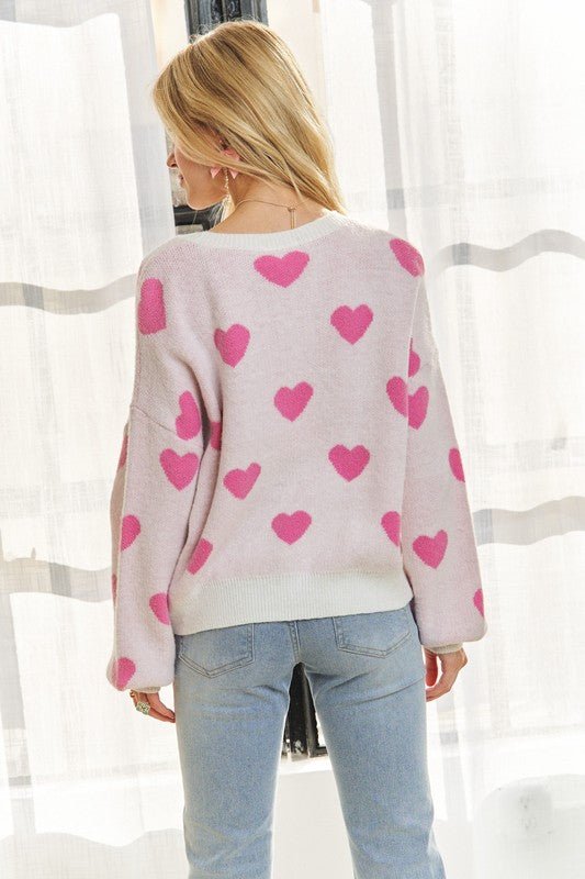 ADORA Heart Round Neck Drop Shoulder Sweater - S. M. & Co.