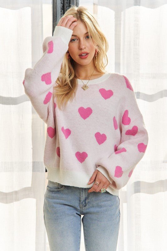 ADORA Heart Round Neck Drop Shoulder Sweater - S. M. & Co.