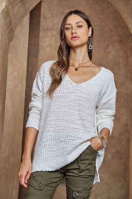 ADORA High - Low Side Slit V - Neck Sweater - S. M. & Co.