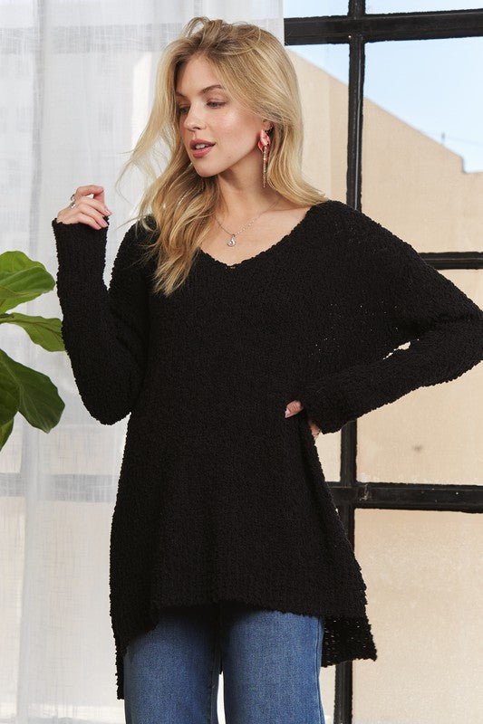 ADORA High - Low Side Slit V - Neck Sweater - S. M. & Co.