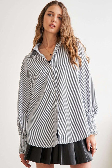 ADORA High - Low Striped Button Down Smocked Lantern Sleeve Shirt - S. M. & Co.